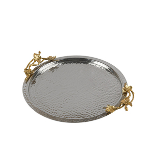 Plateau de service décoratif vintage en acier inoxydable martelé avec élégantes poignées en laiton en forme de feuille, au meilleur prix - Product Image 2