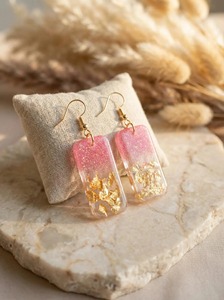 Handmade Resin Earrings <b>Pink</b> Gold Leaf Rectangular Dangle Fashion Jewelry Valentine's Day <b>Gift</b> - Product Image 6
