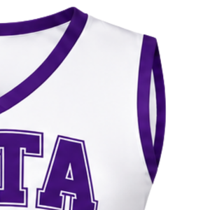 Haut d'uniforme de cheerleading violet et blanc sans manches à col en V pour performance de danse d'équipe, tenue de sport athlétique de compétition - Product Image 4