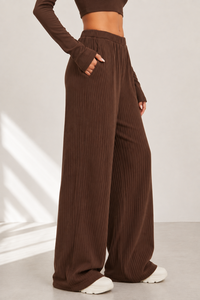 Women Brown Knitted Wide Leg <b>Pants</b> High Waist Loose Fit Full Length Casual Solid Color Elastic Waist Spandex Cotton Sweatpants - Product Image 3