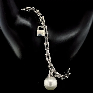 Pulsera de cadena con dijes de perlas, brazalete de eslabones en tono plateado, joyería vintage, regalo para mujer, pulsera para fiesta y boda - Product Image 5