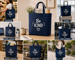 Sac fourre-tout en toile AMANI Be Kind bleu marine 15x13x4 pouces, motif lettres imprimé, ouverture supérieure, durable et réutilisable pour le shopping et les voyages - Product Image 6