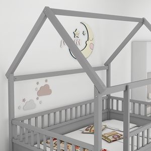 Letto a terra in legno grigio a grandezza naturale con tetto a casetta e sponde di sicurezza per bambini - Product Image 2
