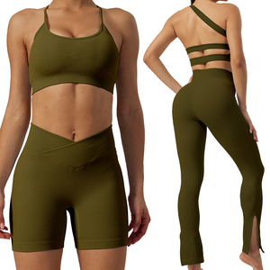 New Women's Seamless One Shoulder Sports Bra with Elastic Waist Solid Pattern Comfortable and Breathable 2-Piece Set - Product Image 4