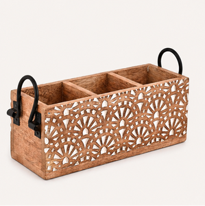 Porte-couverts artisanal en bois de manguier à 3 compartiments avec poignées en fer, support rustique en bois pour ustensiles de cuisine et de table - Product Image 1