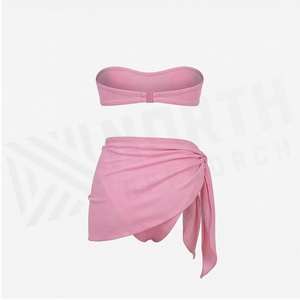 WRETO APPROACH Pink Ribbed 2 Piece <b>Bikini</b> <b>Set</b> Bandeau Top Tie Side Bottom Women Swimwear Solid Color Stretch Fabric - Product Image 6