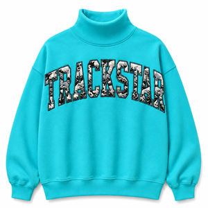 Trackstar Turquoise Mock Neck <b>Sweatshirt</b> with <b>Black</b> White Ornate Letter Design Long Sleeve Pullover for Custom Wholesale Apparel - Product Image 1