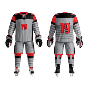 Custom Ice Hockey Uniform Set Unisex Gray Red Black Heat-Transfer Printed Solid Jersey Pants <b>Socks</b> Number 19 V-Neck <b>Moisture</b> - Product Image 4