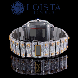 Luxury iced out diamond wristwatch square dial with <b>red</b> numeral markers rose gold accents crystal bezel silver <b>bracelet</b> - Product Image 4