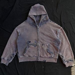 Sudadera con capucha unisex de algodón 100% de 500 GSM, estilo streetwear, con cremallera, efecto desgastado por el sol y lavado ácido, diseño destruido. - Product Image 6