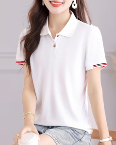 Women's Jersey Polyester/Cotton 160g Quick Dry Breathable Knitted Casual Short Sleeve Front Custom Logo Top for Golf Tennis - Product Image 1