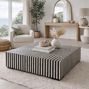 Mesa de Centro de Madera Hecha a Mano con Incrustaciones de Hueso, Diseño Geométrico Ovalado Chevron, Muebles Modernos para el Hogar, Proveedor de India - Product Image 1