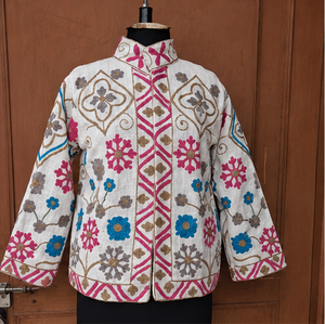 Hand embroidered cotton jacket pink diamond <b>trellis</b> snowflake floral medallion standing collar boho suzani wholesale exports B2B - Product Image 1