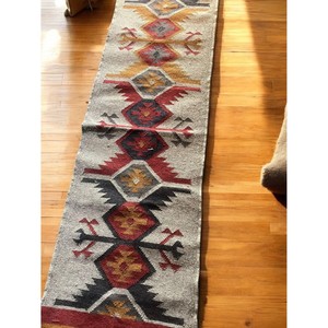 Geometric Pattern Stair <b>Runner</b> Rug Bohemian Style Flat Weave Wool Acrylic Non-Slip Rubber Backing Hallway Use - Product Image 4