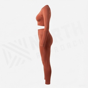 Ensemble de yoga sans couture pour femmes, haut court à manches longues, leggings taille haute avec trous pour les pouces - Product Image 3