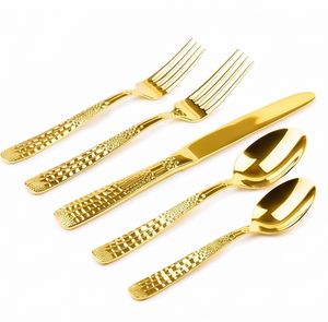 <b>Golden</b> Flatware <b>Set</b> Mirror Polished Hammered Design Luxury <b>Cutlery</b> For Wedding Dinnerware And Table Setting - Product Image 1