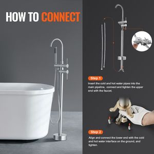 Rubinetto per vasca da bagno freestanding con doccia a pioggia, miscelatore a pavimento, rubinetto di riempimento vasca, rubinetteria con beccuccio girevole a 360 gradi e due modalità di getto d'acqua - Product Image 6