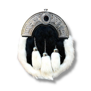 Sporran Personalizado al por Mayor en Blanco y Negro con 3 Borlas y Cadena, Accesorios para Disfraces Escoceses - Product Image 1