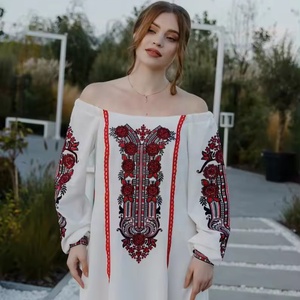 Elegante hermoso vestido de lino tradicional ucraniano de alta calidad de lujo de manga larga de algodón corto mangas blanco rojo Color Natural - Product Image 1