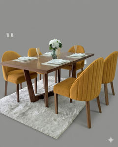 Ensemble de table à manger en teck massif 6 places avec chaises rembourrées couleur moutarde, mobilier de salle à manger moderne minimaliste pour restaurant et hôtel - Product Image 1