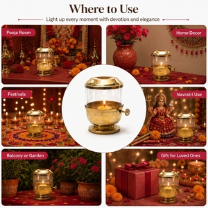 Lampe à huile traditionnelle Klassic Akhand Jyoti Diya en laiton pur de 6 pouces avec couvercle en verre et bouton de réglage de la mèche pour le temple Pooja - Product Image 6