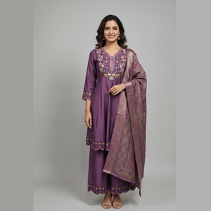 Meilleure collection de kurtis pour femmes en violet, ensemble en coton et soie à manches 3/4, entièrement cousu pour les occasions régulières et festives - Product Image 1