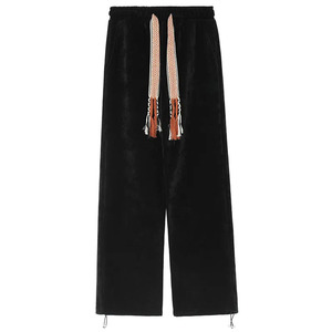 Pantalon large en molleton noir pour homme, taille élastique, cordon de serrage, pompons, vêtements décontractés d'hiver - Product Image 1