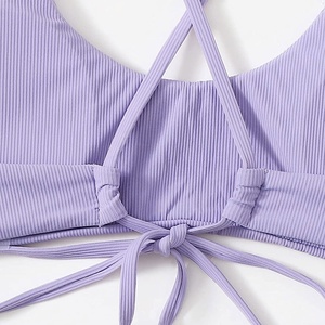 Customized Women's Purple-Ribbed <b>Bikini</b> Set Crossed-Halter Top With Drawstring-Hipster Bottoms Two Piece Swimwear - Product Image 2