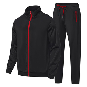 Men's <b>Black</b> Tracksuit Set Full Zip Jacket and <b>Jogger</b> Pants with Red Accents Casual Wear for Autumn - Product Image 1