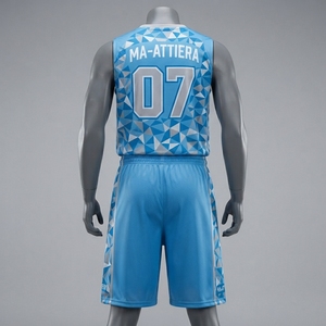Ensemble short et maillot de basket-ball bleu ciel personnalisé, bordure géométrique, uniforme d'équipe, vêtements de sport respirants en maille, 100% polyester, sublimation - Product Image 4