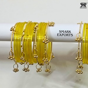 Golden Yellow 32-Piece 2mm Gold Plated Kashmiri Jelly <b>Bangles</b> Set Ghungru Both Hands Traditional <b>Indian</b> Chudi Women's Certified - Product Image 5