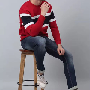 Daizen Star Men's Red Striped Crew Neck Pullover Sweatshirt 100% Cotton Regular Fit Autumn Casual Breathable Front Logo - Product Image 5