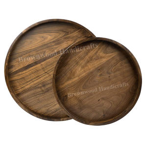 Handmade Burnt Color Round Mango Wood Serving Tray Set of 2 with Handles Premium Quality Direct Factory Sale at Wholesale Price - Product Image 1