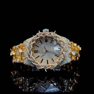 Reloj de Cuarzo con Moissanita, Lujoso, con Correa de Acero Inoxidable Dorado de 20 mm, Cristal de Zafiro, Analógico, para Hombre, Estilo Hip Hop - Product Image 1
