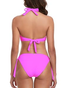 Traje de baño de verano para mujer, conjunto de bikini sexy de dos piezas con aros, color liso, cuello en V, corte medio, traje de baño para playa - Product Image 5