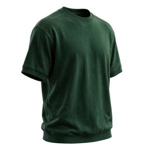 T-shirt en coton vert foncé pour homme, manches courtes, col rond, coupe classique, décontracté, couleur unie, jersey tricoté, teinture unie - Product Image 4