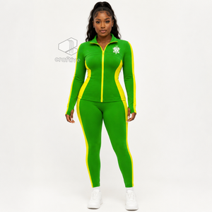Chi Eta Phi Women's <b>Green</b> Workout <b>Set</b> With Yellow Contrast Side Panels Full Zip Jacket High Waist Leggings Activewear <b>Set</b> - Product Image 6