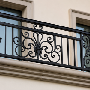 Rampe de balcon en fer forgé noir, design ornemental à volutes, garde-corps de façade de villa, balustrade extérieure en métal, décoration haut de gamme - Product Image 4