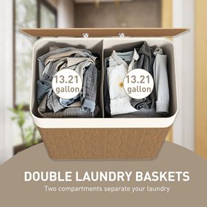 Moderno Cesto per Bucato in Bambù da 26,4 Galloni, Doppio Cesto con Fodera Rimovibile e Manici in Corda per Bagno, Colore Marrone - Product Image 4