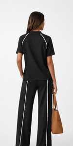 <b>Women's</b> Black Short Sleeve <b>Tracksuit</b> Set With <b>White</b> Striped Crew Neck Top And Drawstring Wide Leg Pants - Product Image 3