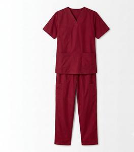 Women's Red V-Neck <b>Scrub</b> <b>Set</b> With Pockets Breathable Polyester Pants Uniform Adult Medical Wear - Product Image 1