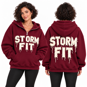 Sudadera con capucha beige para mujer, media cremallera, ajuste Storm Fit, aplique de letras, hombros caídos, bolsillo canguro, forro polar casual, estilo urbano, cortavientos - Product Image 2