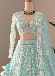 SKY BLUE Embroidered Lehenga Set V Neck Crop <b>Top</b> A Line Floor Length <b>Net</b> Dress With Dupatta for WEDDING - Product Image 3