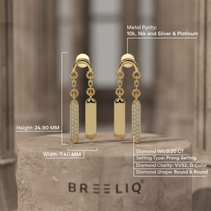 Pendientes de Cadena con Barra de Diamantes Redondos en Oro Blanco Sólido de 14K, Elegantes Pendientes Colgantes con Diamantes Pavé, Joyería Fina de Lujo para Regalo - Product Image 6