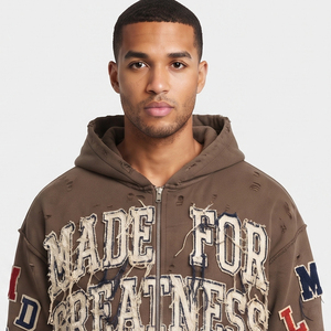 Sweat à capuche zippé pour homme en molleton 550 g/m² à épaules tombantes, effet vieilli et brodé - Product Image 3