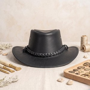 Premium Quality Custom Handmade Black Leather Cowboy <b>Hat</b> Braided <b>Band</b> Western Rodeo Style - Product Image 2
