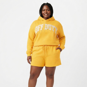 Ensemble deux pièces décontracté pour femme grande taille, sweat à capuche et short en molleton 100% coton, coupe ample avec cordon de serrage, idéal pour l'hiver - Product Image 1