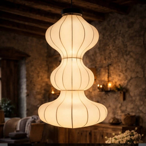 Lampe suspendue moderne en tissu de soie, style cocon, totem empilé, luminaire suspendu minimaliste, style Japandi Wabi Sabi, pour salon - Product Image 1