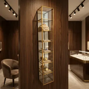 Modern <b>Wall</b> <b>Mounted</b> Glass <b>Shelf</b> with Brass Frame Five Tier Storage Organizer Hut Shape Lacquer Finish for Living Room Decor - Product Image 5