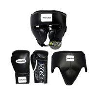 Ensemble de protection personnalisé en cuir de vachette, néoprène et PU pour la boxe : protège-tête, gants et protège-guêtres pour le kickboxing, le sparring et l'entraînement